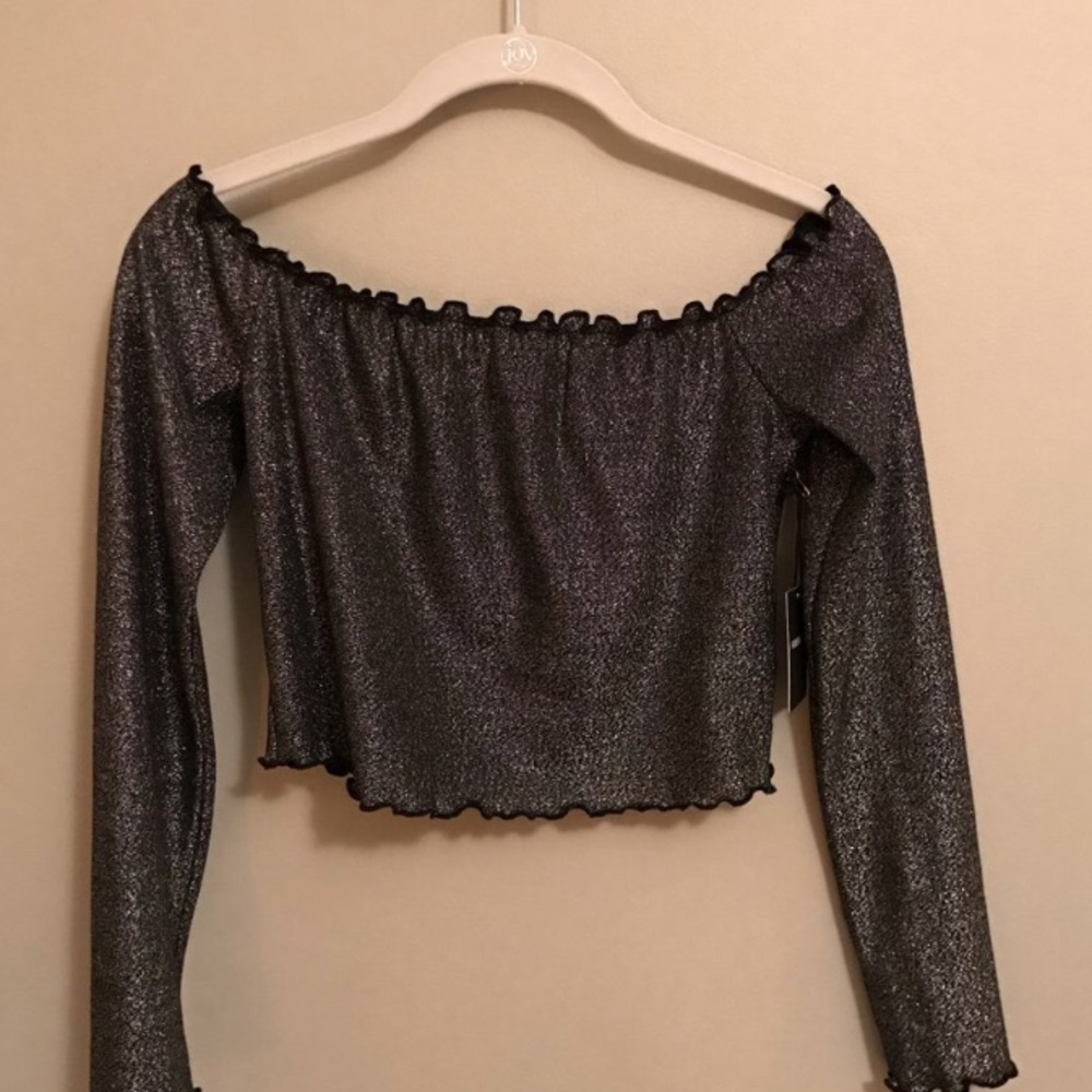Off the shoulder long sleeve sparkly shirt